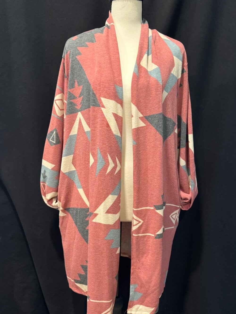 Southwestern-Print Open-Front Cardigan, Size 1XL